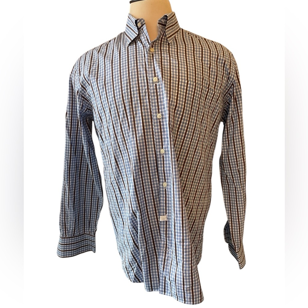 PETER MILLAR Blue Brown Checked Classic Button Down Preppy Shirt Golf Size XL
